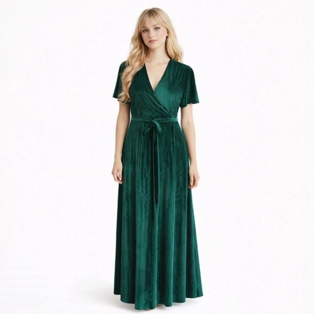 NWT Baltic Born Andi Ribbed Velvet Wrap Maxi Dress, Dark Emerald Green, XS